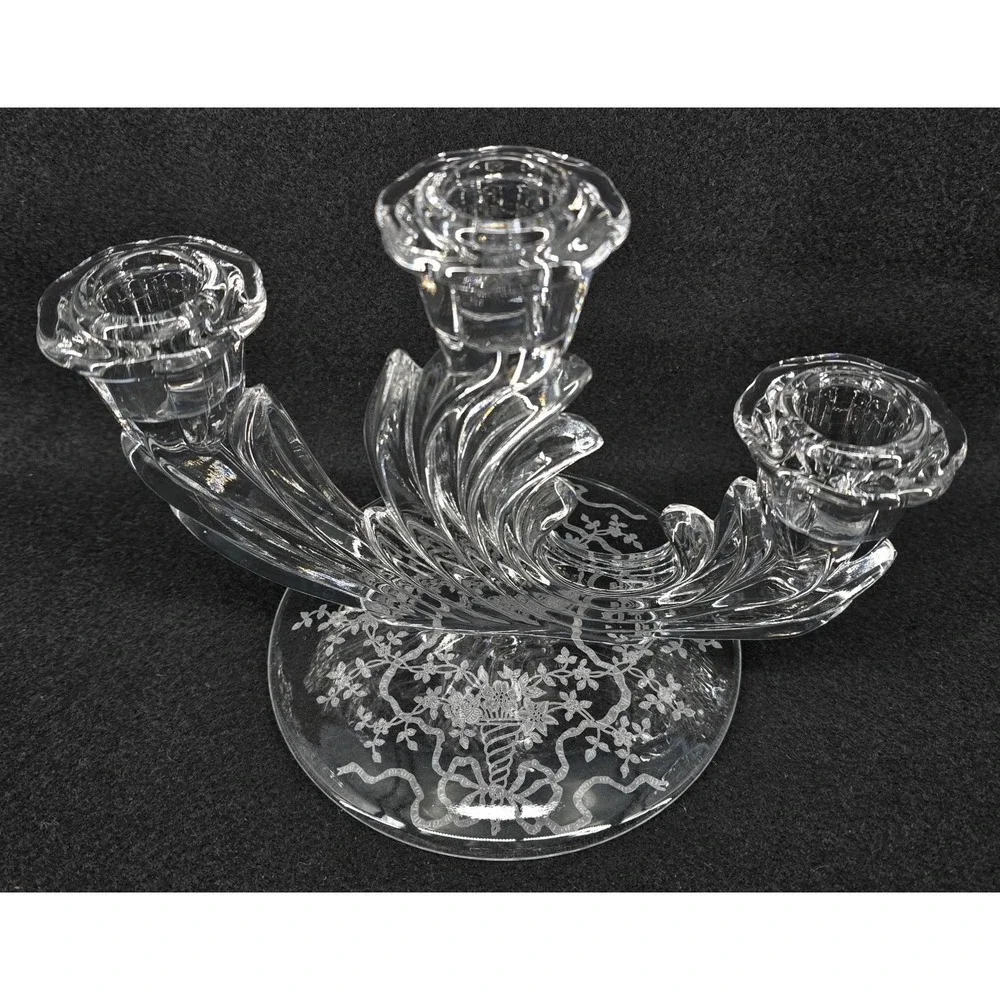 Vintage Fostoria Crystal Baroque Candlestick‎ Holder 3 Light w/ Arcady Etch 30s